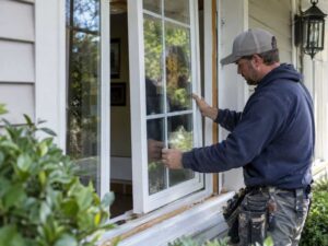 Technician installing a replacement window on a residential home in Oakland, CA.