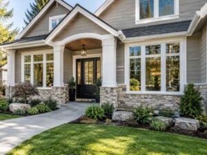 White residential windows and a front entry door on a Sacramento, CA home.
