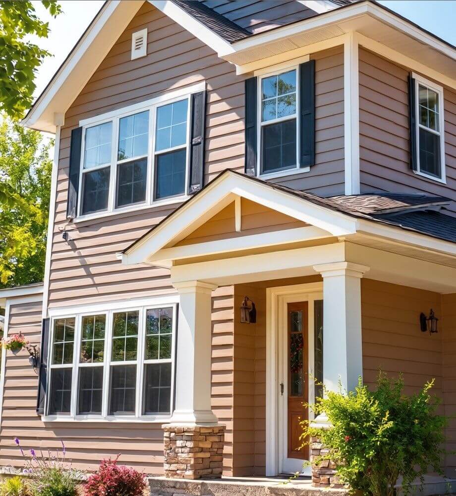 Residential siding contractors in Bay Area CA installed new horizontal lap siding on a two-story home with white trim, black shutters, and a stone base. This image shows clean siding lines, strong curb appeal, and durable exterior work for Northern California homes, including Oakland and Sacramento.