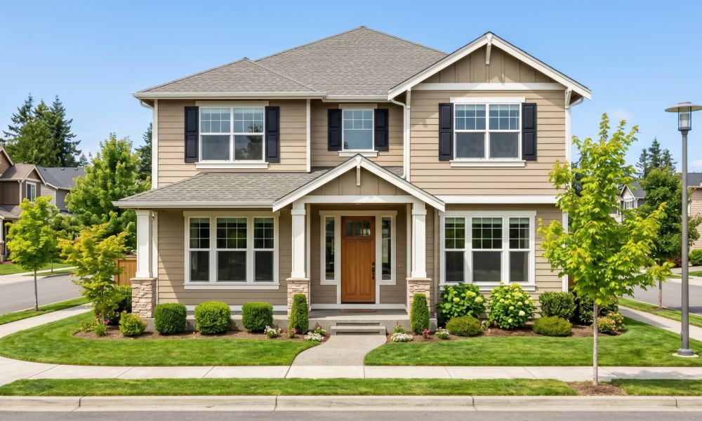 Beautiful two-story home with professionally installed horizontal siding by residential siding contractors in the Bay Area, CA, featuring clean exterior lines, energy-efficient materials, and enhanced curb appeal with modern windows and detailed trim work.