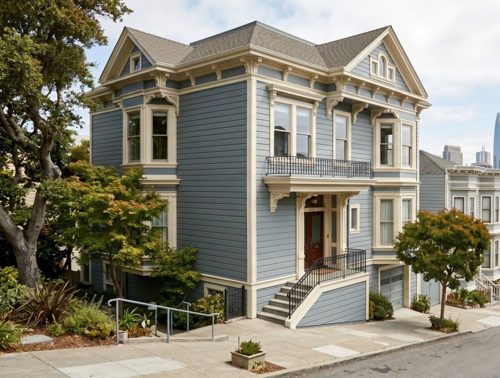 Best Exteriors siding contractors in Bay Area CA install fiber cement siding on a San Francisco style home with bay windows and detailed trim. This image shows a multi story residence with clean aligned siding, reflecting quality craftsmanship for homeowners in Oakland and Sacramento seeking durable exterior upgrades.