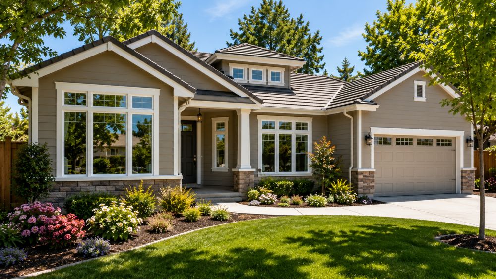Window replacement in Sacramento, CA featuring newly installed energy-efficient windows with white frames and professional installation. This Sacramento home showcases improved comfort, lower energy costs, and increased curb appeal from modern replacement windows. Call Best Exteriors at (916) 668-6333 for a free estimate.