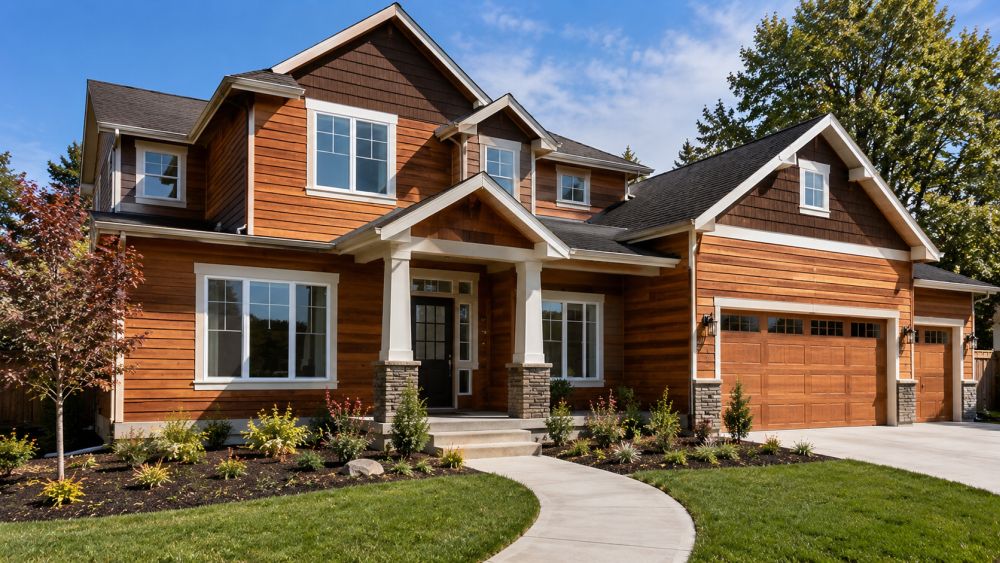 This image shows a large Sacramento home with professionally installed cedar-style wood siding, white trim, and energy-efficient windows. Best Exteriors provides full-home siding replacement using premium materials that improve curb appeal and exterior durability for Northern California homes. Best Exteriors installs wood siding in Sacramento, CA for homeowners who want a warm, natural exterior finish with long-lasting protection.
