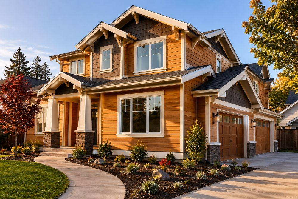 Wood siding installation on a modern Sacramento, CA home completed by Best Exteriors. This image shows warm cedar-style siding, energy-efficient windows, and a professionally finished exterior built for long-lasting curb appeal and weather protection in Northern California.
