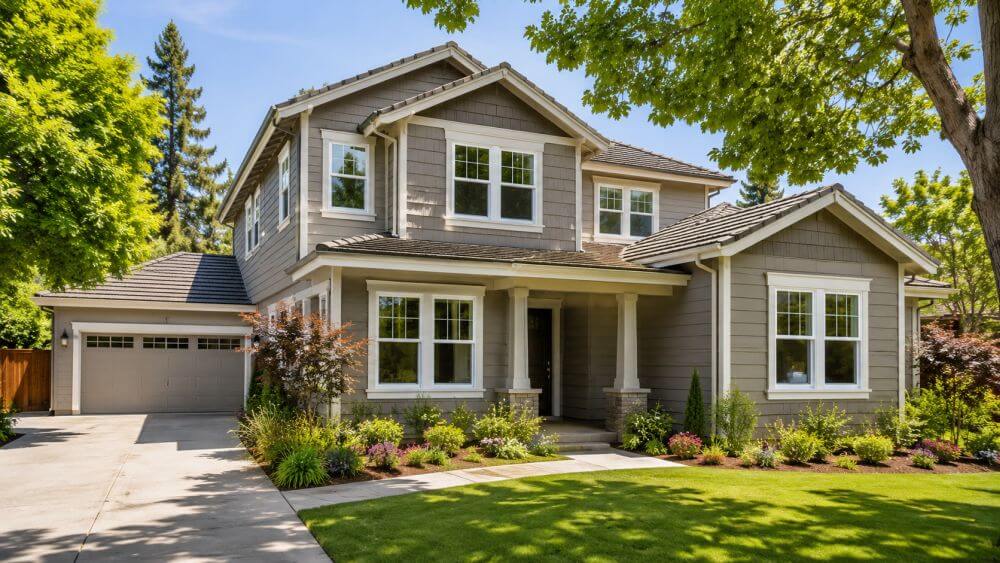 Double hung replacement windows installed on a Sacramento, CA home, featuring energy-efficient glass, classic styling, and professional installation. This image showcases upgraded windows that improve comfort, natural light, and curb appeal for Northern California homeowners seeking durable window replacement solutions.