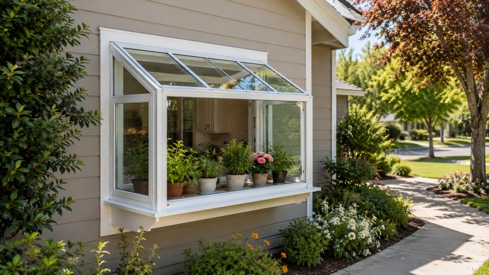 Garden window replacement installed on a Sacramento, CA home featuring energy-efficient glass, extended shelf space for plants, and a professionally finished design that improves natural light, ventilation, and curb appeal for homeowners.