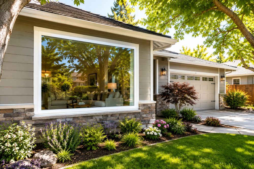 Large picture window replacement installed on a Sacramento, CA home featuring energy-efficient glass, expansive outdoor views, and professional installation. Homeowners can improve natural light, comfort, and curb appeal with high-quality replacement windows from Best Exteriors. Call (916) 668-6333 for a free consultation.