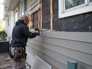 Technician installing replacement siding on the exterior wall of a Sacramento, CA home.